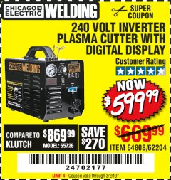 Harbor Freight Coupon 240 VOLT INVERTER PLASMA CUTTER WITH DIGITAL DISPLAY Lot No. 64808 Expired: 3/2/19 - $599.99