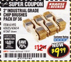 Harbor Freight Coupon 2" INDUSTRIAL GRADE CHIP BRUSHES, PACK OF 36 Lot No. 62625/61493/61567 Expired: 11/30/18 - $9.99