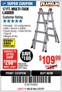 Harbor Freight Coupon 17 FT. TYPE 1A MULTI-TASK LADDER Lot No. 67646/62656/62514/63418/63419/63417 Expired: 2/3/19 - $109.99