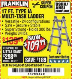 Harbor Freight Coupon 17 FT. TYPE 1A MULTI-TASK LADDER Lot No. 67646/62656/62514/63418/63419/63417 Expired: 5/15/19 - $109.99