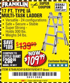 Harbor Freight Coupon 17 FT. TYPE 1A MULTI-TASK LADDER Lot No. 67646/62656/62514/63418/63419/63417 Expired: 7/14/19 - $109.99