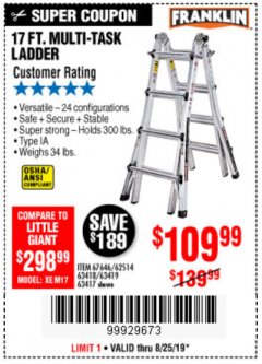 Harbor Freight Coupon 17 FT. TYPE 1A MULTI-TASK LADDER Lot No. 67646/62656/62514/63418/63419/63417 Expired: 8/25/19 - $109.99