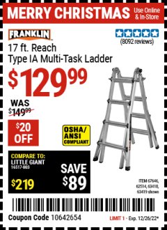 Harbor Freight Coupon 17 FT. TYPE 1A MULTI-TASK LADDER Lot No. 67646/62656/62514/63418/63419/63417 Expired: 12/26/22 - $129.99