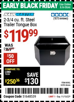 Harbor Freight Coupon 2-3/4 CUBIC FT. STEEL TRAILER TONGUE BOX Lot No. 60302/65439 Expired: 11/13/22 - $119.99