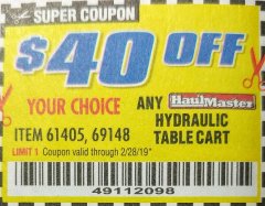 Harbor Freight Coupon 500 LB. CAPACITY HYDRAULIC TABLE CART Lot No. 60730/61405/94822 Expired: 2/28/19 - $129.99