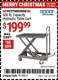 Harbor Freight Coupon 500 LB. CAPACITY HYDRAULIC TABLE CART Lot No. 60730/61405/94822 Expired: 12/11/22 - $199.99