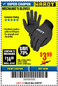 Harbor Freight Coupon MECHANIC'S GLOVES Lot No. 62434/62426/62433/62432/62429/64178/64179/62428 Expired: 5/28/18 - $3.99