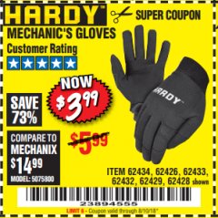Harbor Freight Coupon MECHANIC'S GLOVES Lot No. 62434/62426/62433/62432/62429/64178/64179/62428 Expired: 8/10/18 - $3.99
