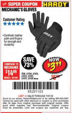 Harbor Freight Coupon MECHANIC'S GLOVES Lot No. 62434/62426/62433/62432/62429/64178/64179/62428 Expired: 7/31/18 - $3.99