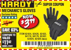 Harbor Freight Coupon MECHANIC'S GLOVES Lot No. 62434/62426/62433/62432/62429/64178/64179/62428 Expired: 11/15/18 - $3.99
