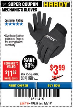 Harbor Freight Coupon MECHANIC'S GLOVES Lot No. 62434/62426/62433/62432/62429/64178/64179/62428 Expired: 8/5/18 - $3.99