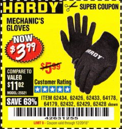 Harbor Freight Coupon MECHANIC'S GLOVES Lot No. 62434/62426/62433/62432/62429/64178/64179/62428 Expired: 12/20/18 - $3.99