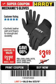 Harbor Freight Coupon MECHANIC'S GLOVES Lot No. 62434/62426/62433/62432/62429/64178/64179/62428 Expired: 9/23/18 - $3.69