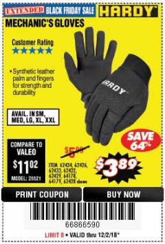 Harbor Freight Coupon MECHANIC'S GLOVES Lot No. 62434/62426/62433/62432/62429/64178/64179/62428 Expired: 12/2/18 - $3.89