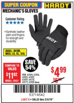 Harbor Freight Coupon MECHANIC'S GLOVES Lot No. 62434/62426/62433/62432/62429/64178/64179/62428 Expired: 2/4/19 - $4.99