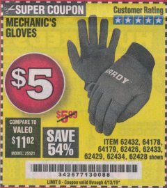 Harbor Freight Coupon MECHANIC'S GLOVES Lot No. 62434/62426/62433/62432/62429/64178/64179/62428 Expired: 4/13/19 - $5