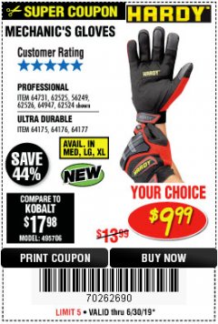 Harbor Freight Coupon MECHANIC'S GLOVES Lot No. 62434/62426/62433/62432/62429/64178/64179/62428 Expired: 6/30/19 - $9.99