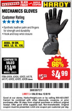 Harbor Freight Coupon MECHANIC'S GLOVES Lot No. 62434/62426/62433/62432/62429/64178/64179/62428 Expired: 12/8/19 - $4.99