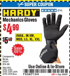 Harbor Freight Coupon MECHANIC'S GLOVES Lot No. 62434/62426/62433/62432/62429/64178/64179/62428 Expired: 9/6/20 - $4.99