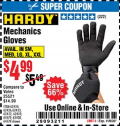 Harbor Freight Coupon MECHANIC'S GLOVES Lot No. 62434/62426/62433/62432/62429/64178/64179/62428 Expired: 11/6/20 - $4.99