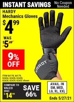 Harbor Freight Coupon MECHANIC'S GLOVES Lot No. 62434/62426/62433/62432/62429/64178/64179/62428 Expired: 4/29/21 - $4.99
