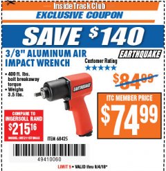 Harbor Freight ITC Coupon 3/8" PROFESSIONAL AIR IMPACT WRENCH Lot No. 68425 Expired: 9/4/18 - $74.99