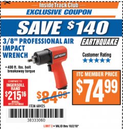 Harbor Freight ITC Coupon 3/8" PROFESSIONAL AIR IMPACT WRENCH Lot No. 68425 Expired: 10/2/18 - $74.99