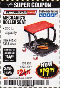 Harbor Freight Coupon MECHANIC'S ROLLER SEAT Lot No. 3338/61653 Expired: 11/30/18 - $19.99