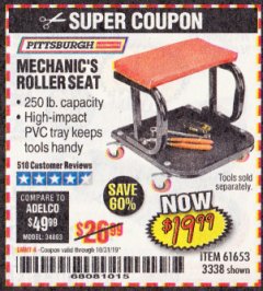 Harbor Freight Coupon MECHANIC'S ROLLER SEAT Lot No. 3338/61653 Expired: 10/31/19 - $19.99