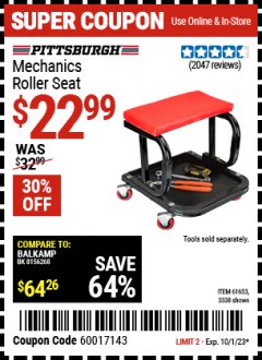 Harbor Freight Coupon MECHANIC'S ROLLER SEAT Lot No. 3338/61653 Expired: 10/1/23 - $22.99