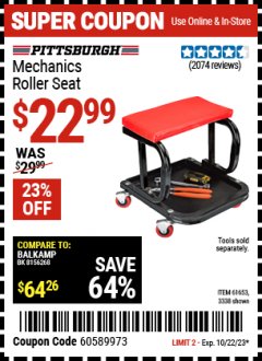 Harbor Freight Coupon MECHANIC'S ROLLER SEAT Lot No. 3338/61653 Expired: 10/22/23 - $22.99
