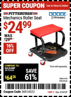 Harbor Freight Coupon MECHANIC'S ROLLER SEAT Lot No. 3338/61653 Expired: 3/24/24 - $24.99