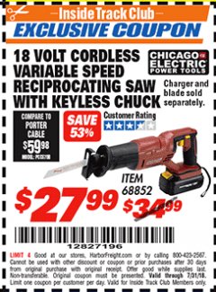 Harbor Freight ITC Coupon 18 VOLT CORDLESS VARIABLE SPEED RECIPROCATING SAW WITH KEYLESS CHUCK Lot No. 68852 Expired: 7/31/18 - $27.99