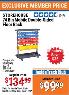 Harbor Freight ITC Coupon 74 BIN MOBILE DOUBLE-SIDED FLOOR RACK Lot No. 62269/95551 Expired: 12/31/20 - $99.99