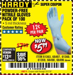 Harbor Freight Coupon POWDER-FREE NITRILE GLOVES PACK OF 100 Lot No. 68496/61363/97581/68497/61360/68498/61359 Expired: 10/7/18 - $5.99