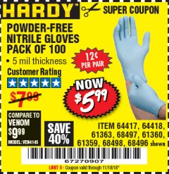 Harbor Freight Coupon POWDER-FREE NITRILE GLOVES PACK OF 100 Lot No. 68496/61363/97581/68497/61360/68498/61359 Expired: 11/18/18 - $5.99
