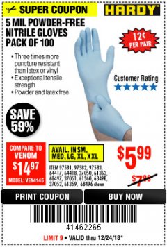 Harbor Freight Coupon POWDER-FREE NITRILE GLOVES PACK OF 100 Lot No. 68496/61363/97581/68497/61360/68498/61359 Expired: 12/24/18 - $5.99