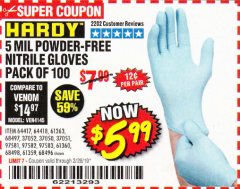 Harbor Freight Coupon POWDER-FREE NITRILE GLOVES PACK OF 100 Lot No. 68496/61363/97581/68497/61360/68498/61359 Expired: 2/28/19 - $5.99
