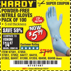 Harbor Freight Coupon POWDER-FREE NITRILE GLOVES PACK OF 100 Lot No. 68496/61363/97581/68497/61360/68498/61359 Expired: 10/3/19 - $5.99