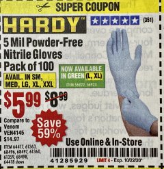 Harbor Freight Coupon POWDER-FREE NITRILE GLOVES PACK OF 100 Lot No. 68496/61363/97581/68497/61360/68498/61359 Expired: 10/22/20 - $5.99