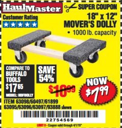 Harbor Freight Coupon 18" X 12" HARDWOOD MOVER'S DOLLY Lot No. 93888/60497/61899/62399/63095/63096/63097/63098 Expired: 4/1/19 - $7.99