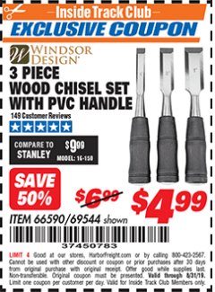 Harbor Freight ITC Coupon 3 PIECE WOOD CHISEL SET Lot No. 69544 Expired: 8/31/19 - $4.99