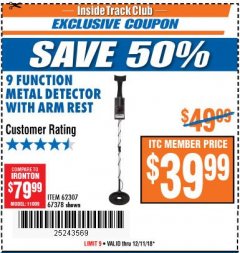 Harbor Freight ITC Coupon 9 FUNCTION METAL DETECTOR WITH ARM REST Lot No. 62307/67378 Expired: 12/11/18 - $39.99