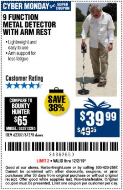 Harbor Freight Coupon 9 FUNCTION METAL DETECTOR WITH ARM REST Lot No. 62307/67378 Expired: 12/2/19 - $39.99