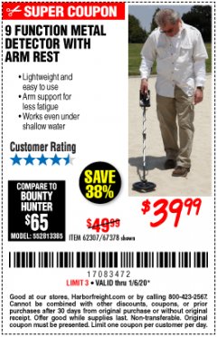 Harbor Freight Coupon 9 FUNCTION METAL DETECTOR WITH ARM REST Lot No. 62307/67378 Expired: 1/6/20 - $39.99