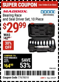 Harbor Freight Coupon 10 PIECE BEARING RACE AND SEAL DRIVER SET Lot No. 63261 Expired: 3/9/23 - $29.99