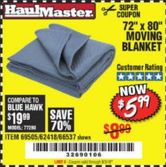 Harbor Freight Coupon 72" X 80" MOVING BLANKET Lot No. 66537/69505/62418 Expired: 9/3/19 - $5.99