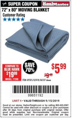 Harbor Freight Coupon 72" X 80" MOVING BLANKET Lot No. 66537/69505/62418 Expired: 9/15/19 - $5.99