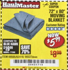 Harbor Freight Coupon 72" X 80" MOVING BLANKET Lot No. 66537/69505/62418 Expired: 7/1/20 - $5.99