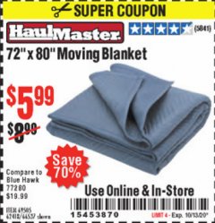 Harbor Freight Coupon 72" X 80" MOVING BLANKET Lot No. 66537/69505/62418 Expired: 10/13/20 - $5.99